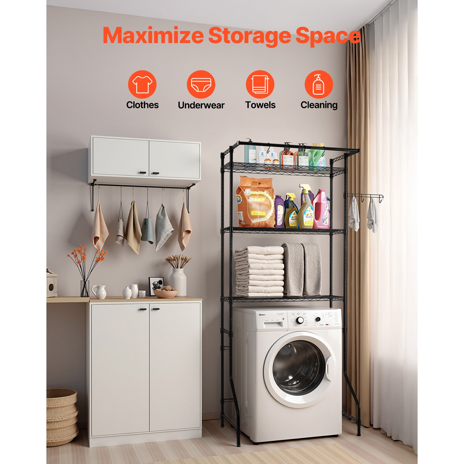 Over Washer And Dryer Storage Rack With Hanging Rod And Hooks_voghion.com